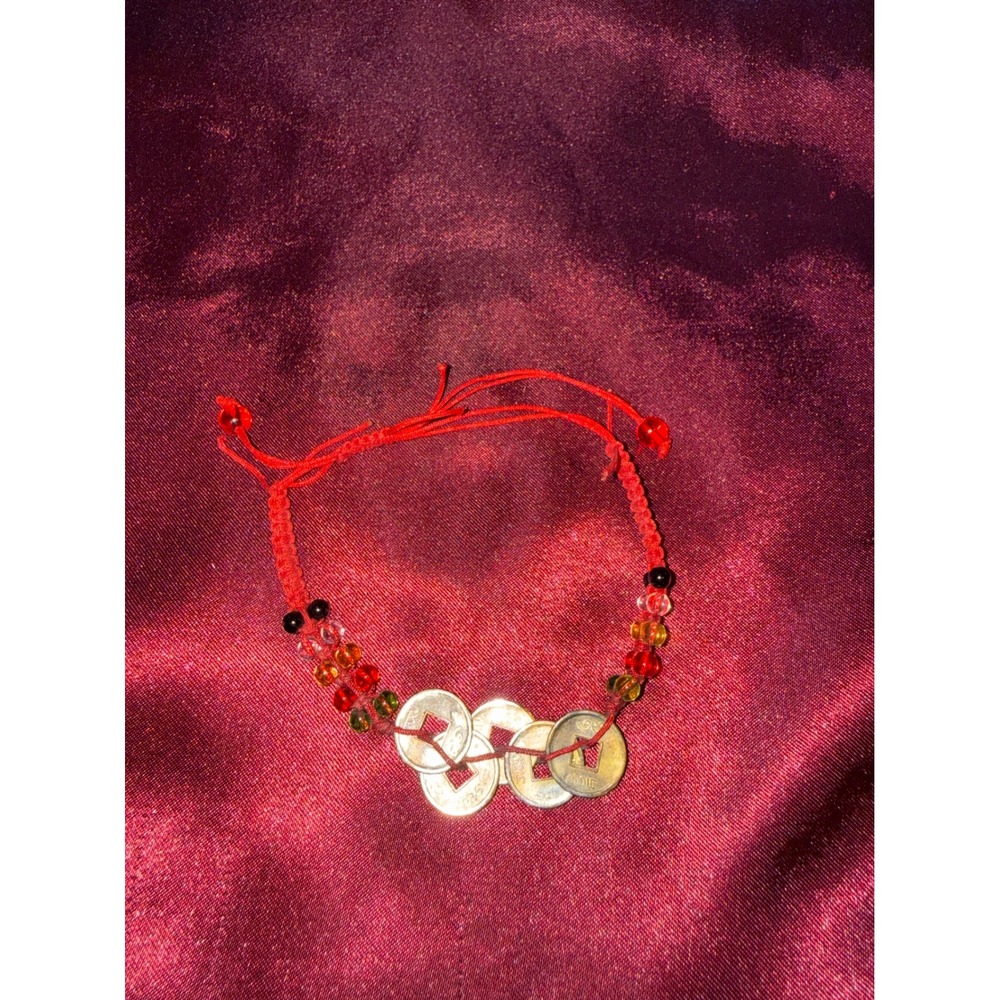 Chinese Feng Shui Red Cord Bracelet 4 Coins Wealth Prosperity Good Luck Talisman